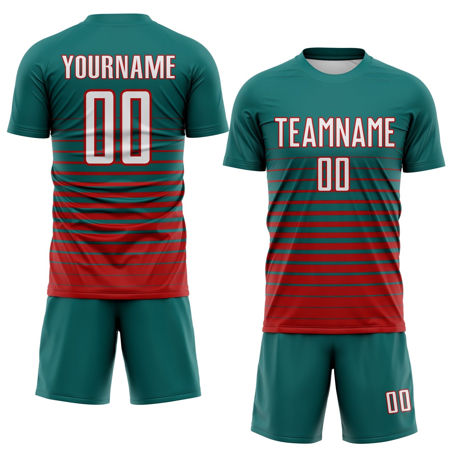 Custom Teal White-Red Gradient Pinstripe Sublimation Soccer Uniform Jersey view 2
