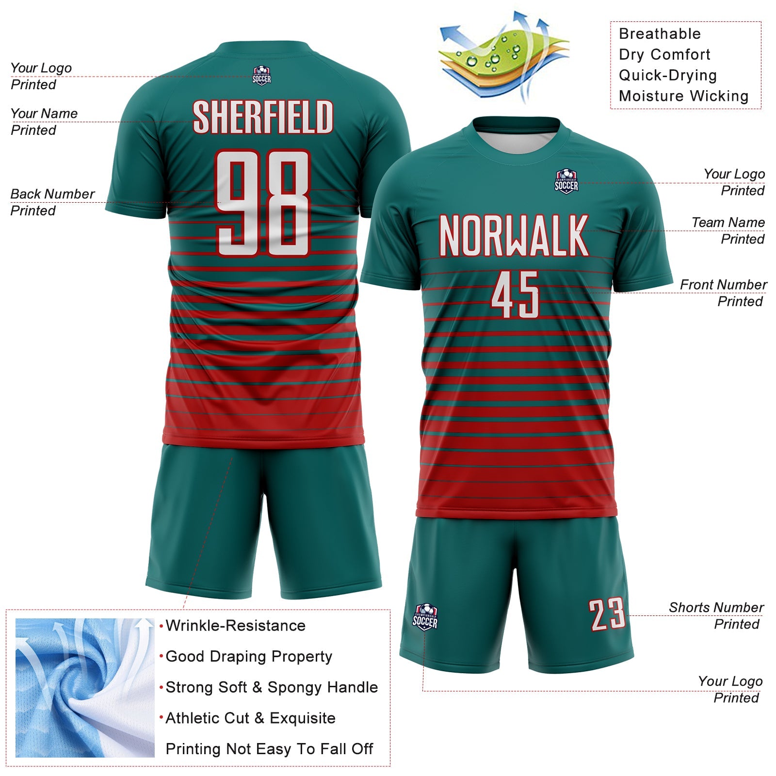 Custom Teal White-Red Gradient Pinstripe Sublimation Soccer Uniform Jersey view 4