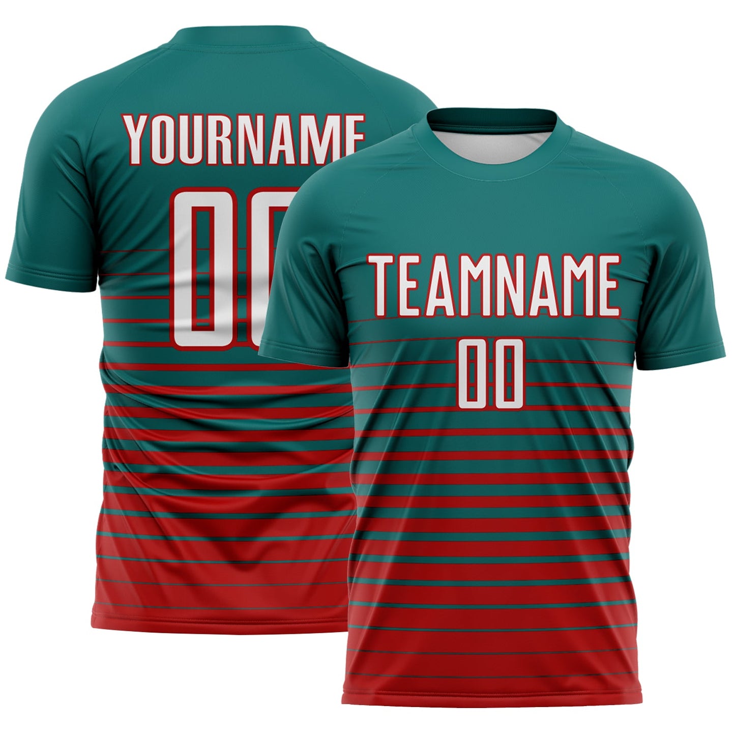 Custom Teal White-Red Gradient Pinstripe Sublimation Soccer Uniform Jersey - Main View