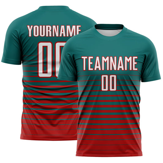 Custom Teal White-Red Gradient Pinstripe Sublimation Soccer Uniform Jersey - Main View