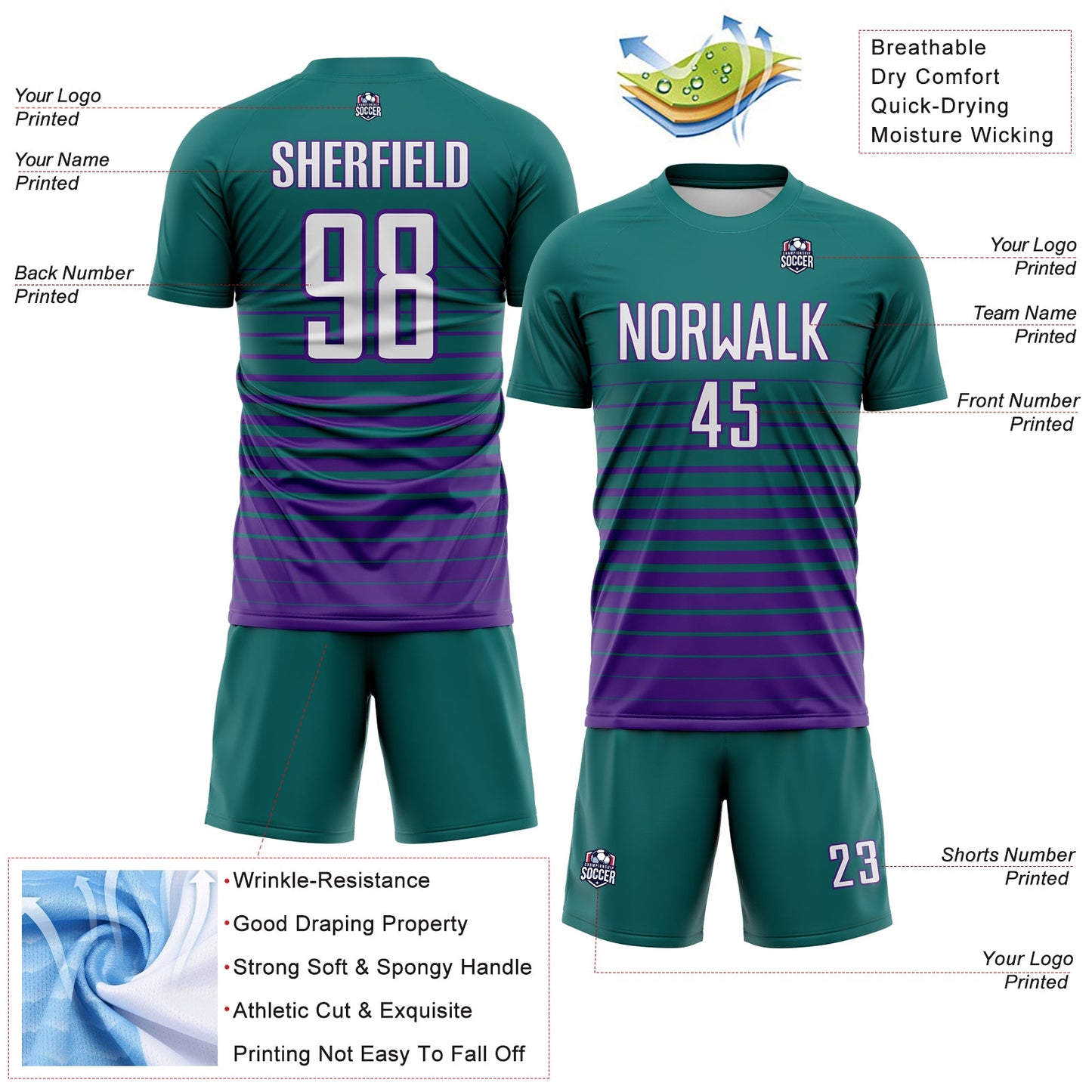 Custom Teal White-Purple Gradient Pinstripe Sublimation Soccer Uniform Jersey view 4