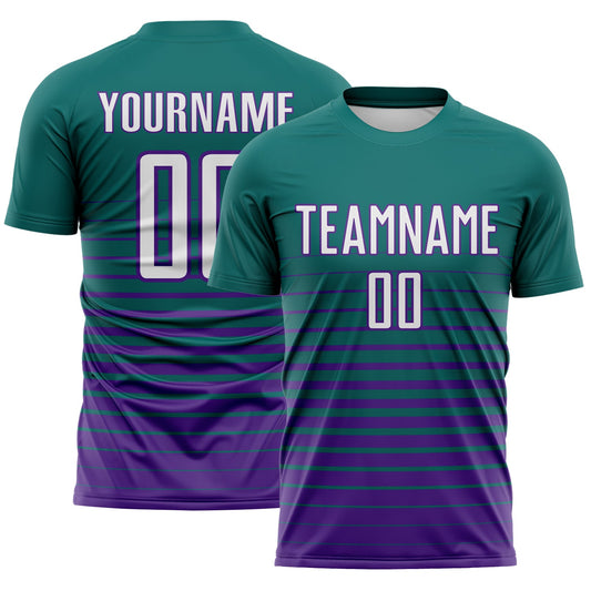 Custom Teal White-Purple Gradient Pinstripe Sublimation Soccer Uniform Jersey - Main View