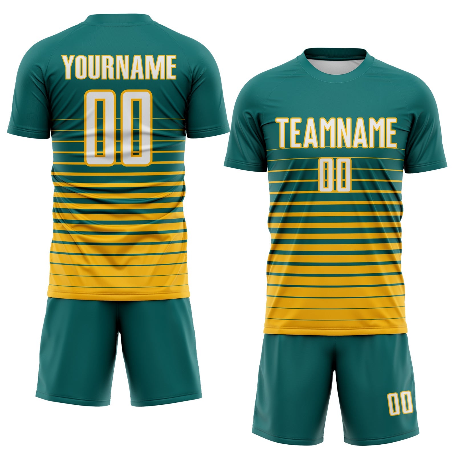Custom Teal White-Gold Gradient Pinstripe Sublimation Soccer Uniform Jersey view 2