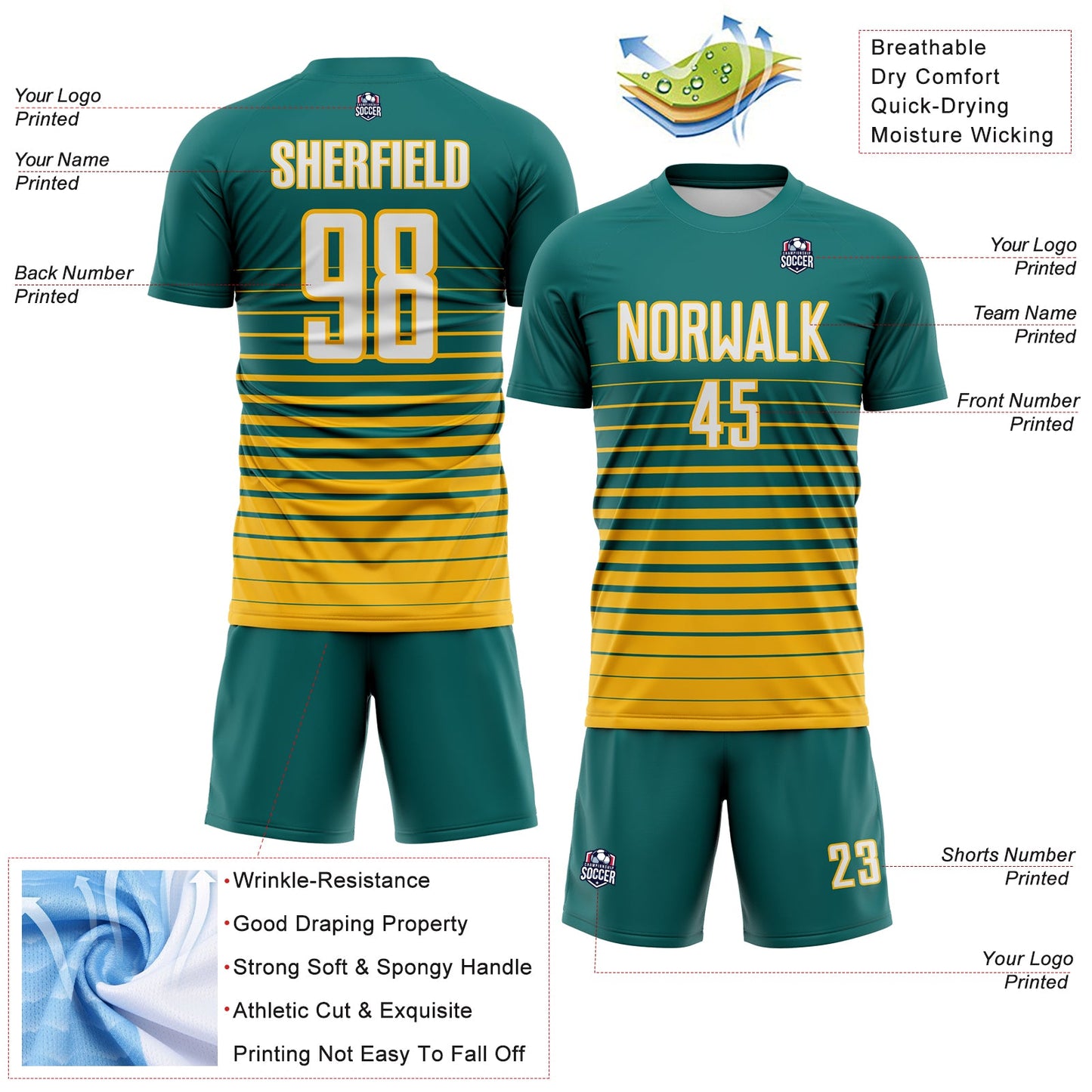Custom Teal White-Gold Gradient Pinstripe Sublimation Soccer Uniform Jersey view 4