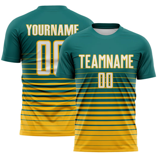 Custom Teal White-Gold Gradient Pinstripe Sublimation Soccer Uniform Jersey - Main View