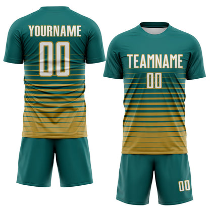 Custom Teal White-Old Gold Gradient Pinstripe Sublimation Soccer Uniform Jersey view 2