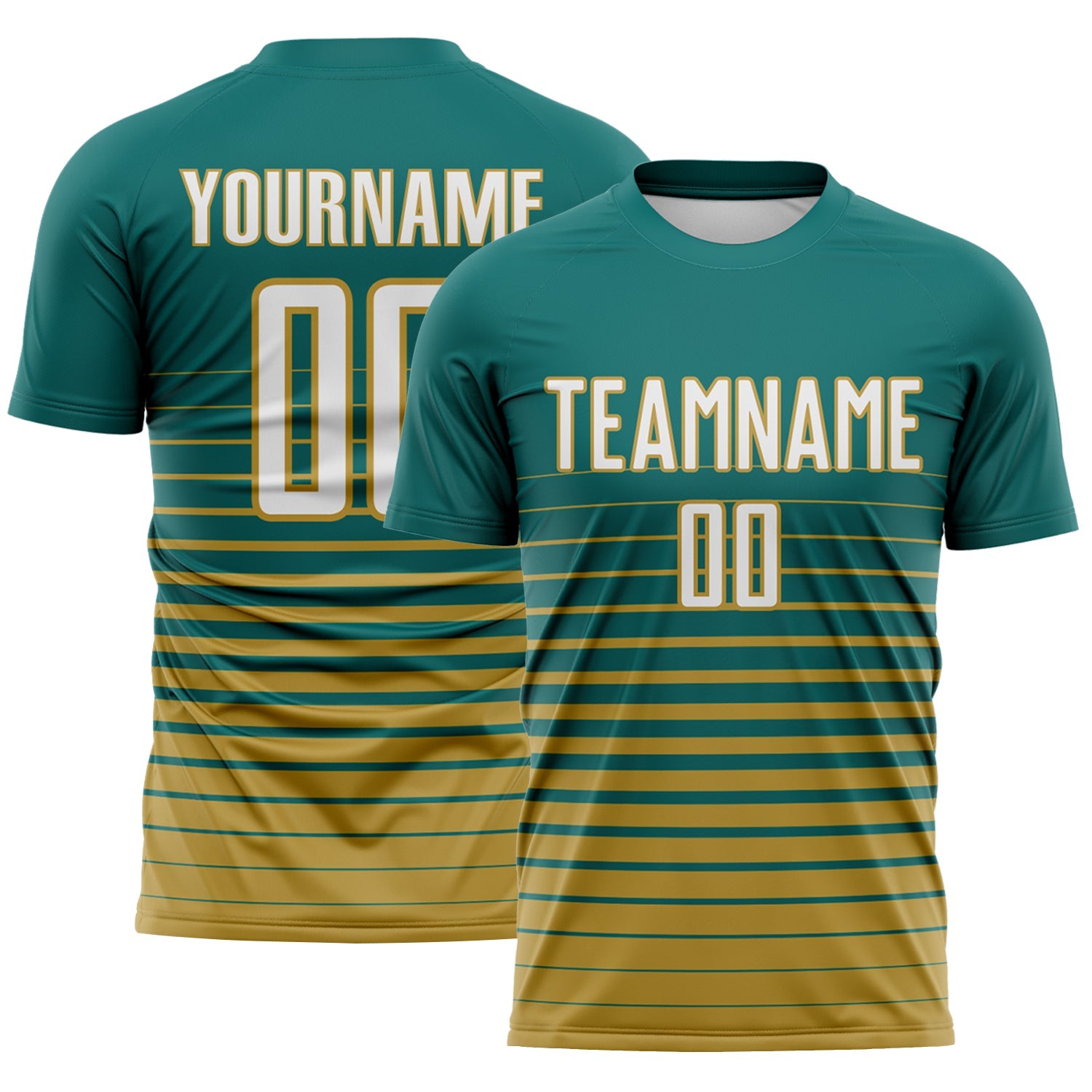 Custom Teal White-Old Gold Gradient Pinstripe Sublimation Soccer Uniform Jersey - Main View