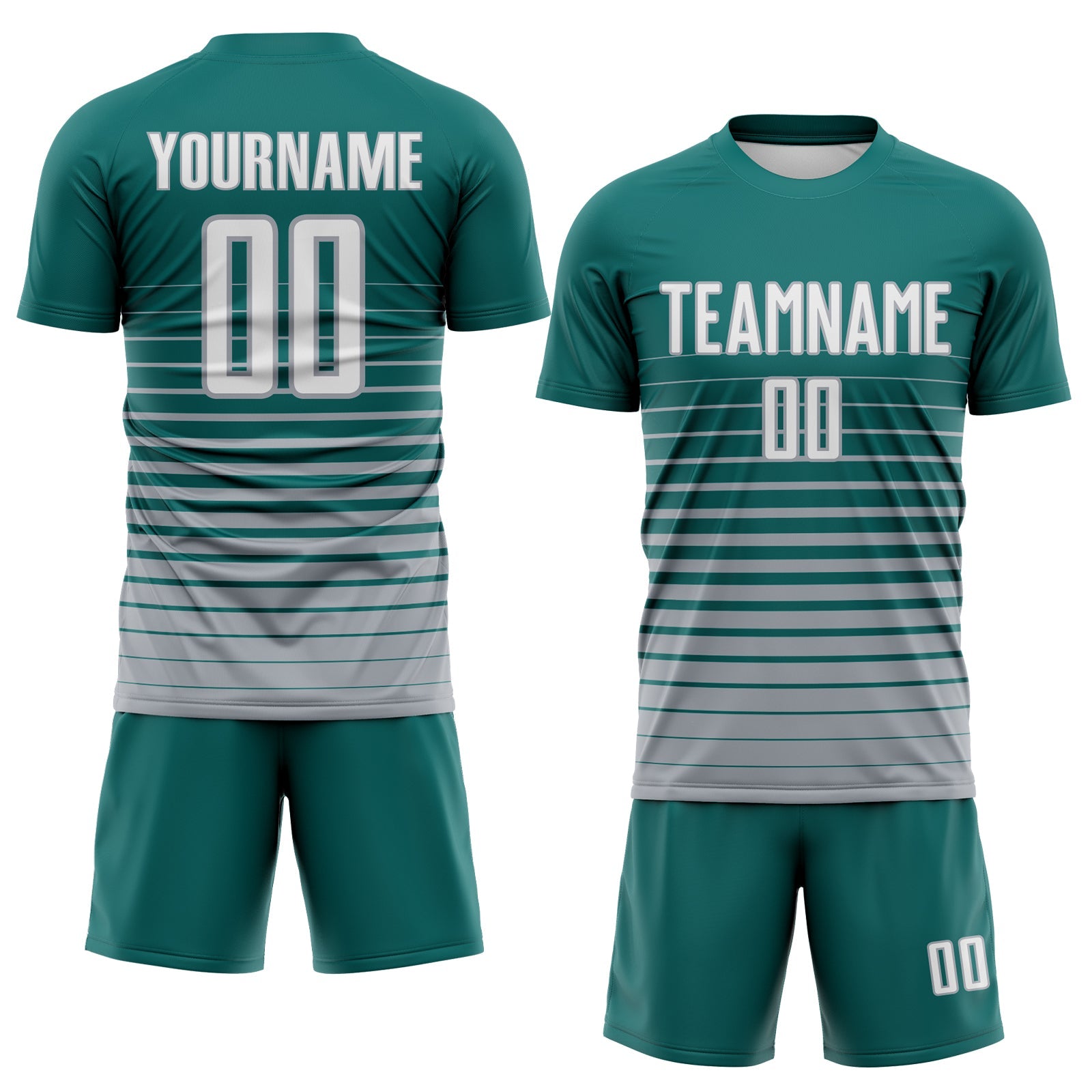 Custom Teal White-Gray Gradient Pinstripe Sublimation Soccer Uniform Jersey view 2