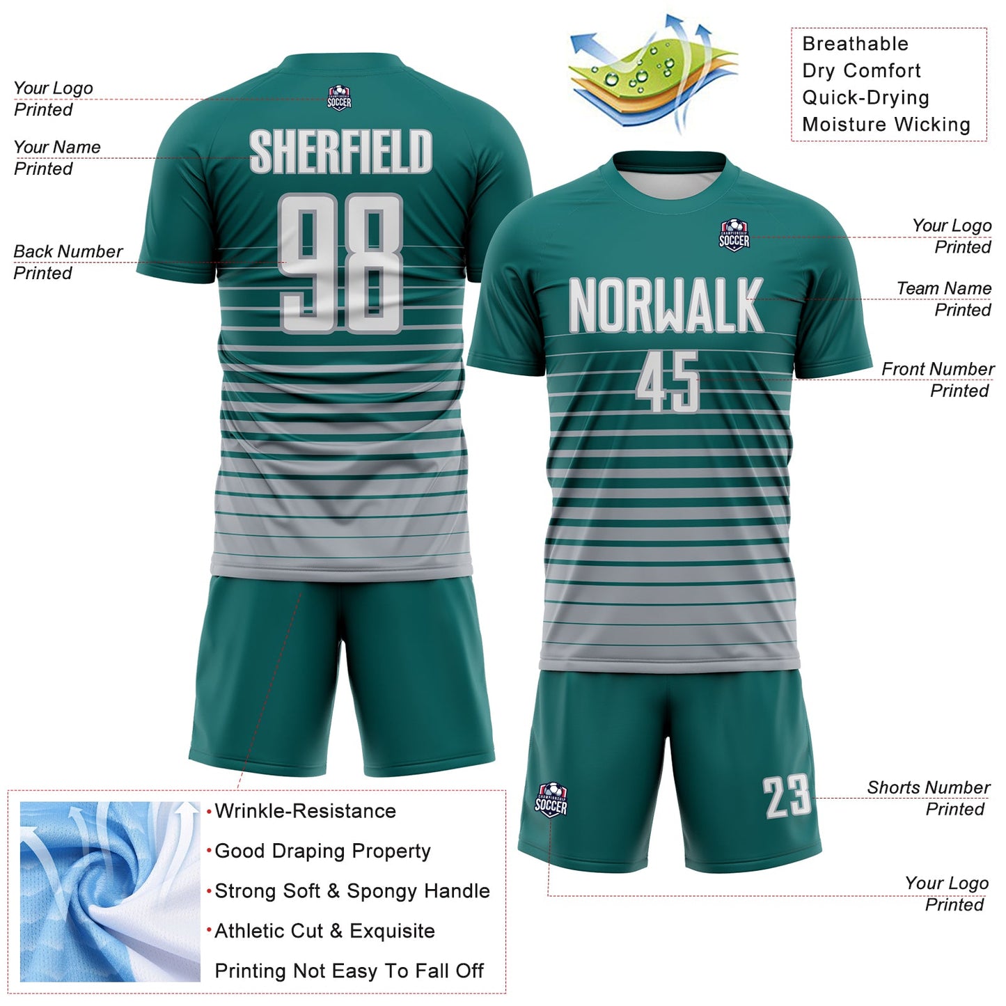 Custom Teal White-Gray Gradient Pinstripe Sublimation Soccer Uniform Jersey view 4