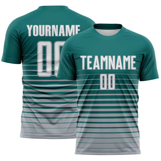 Custom Teal White-Gray Gradient Pinstripe Sublimation Soccer Uniform Jersey - Main View