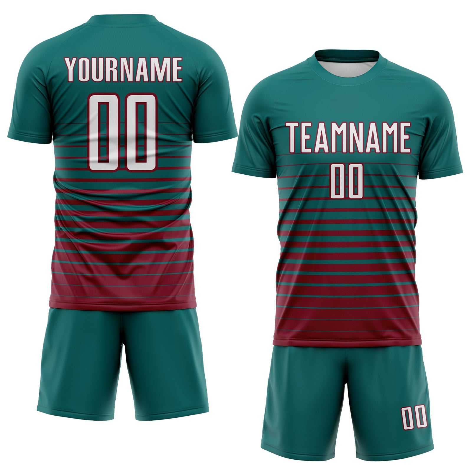 Custom Teal White-Crimson Gradient Pinstripe Sublimation Soccer Uniform Jersey view 2
