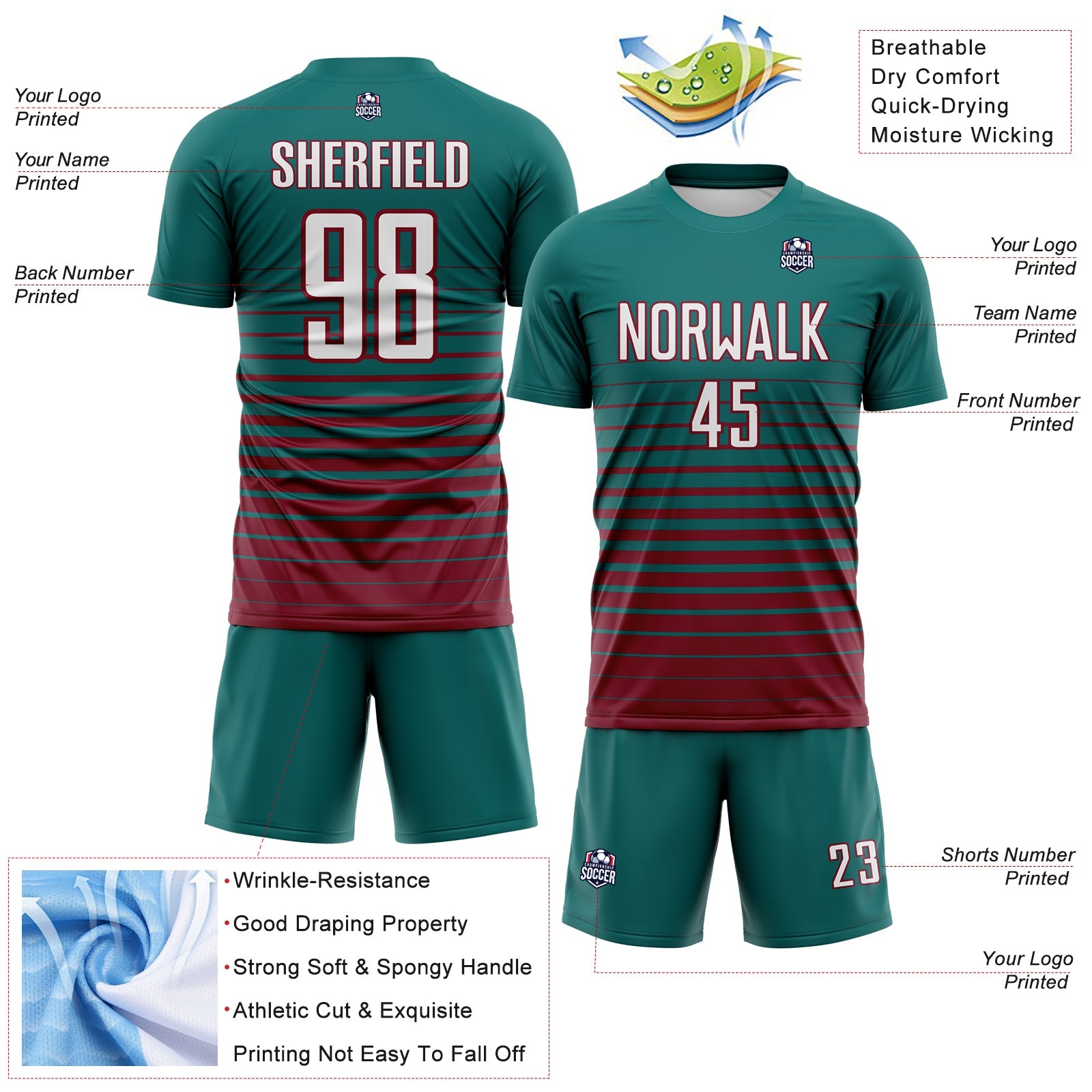 Custom Teal White-Crimson Gradient Pinstripe Sublimation Soccer Uniform Jersey view 4