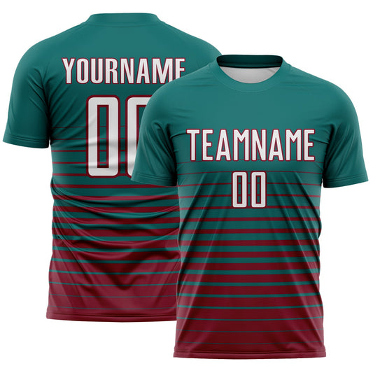 Custom Teal White-Crimson Gradient Pinstripe Sublimation Soccer Uniform Jersey - Main View