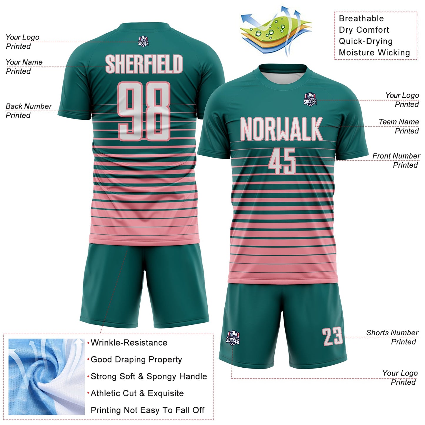 Custom Teal White-Medium Pink Gradient Pinstripe Sublimation Soccer Uniform Jersey view 4