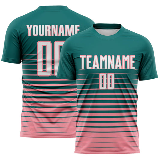 Custom Teal White-Medium Pink Gradient Pinstripe Sublimation Soccer Uniform Jersey - Main View