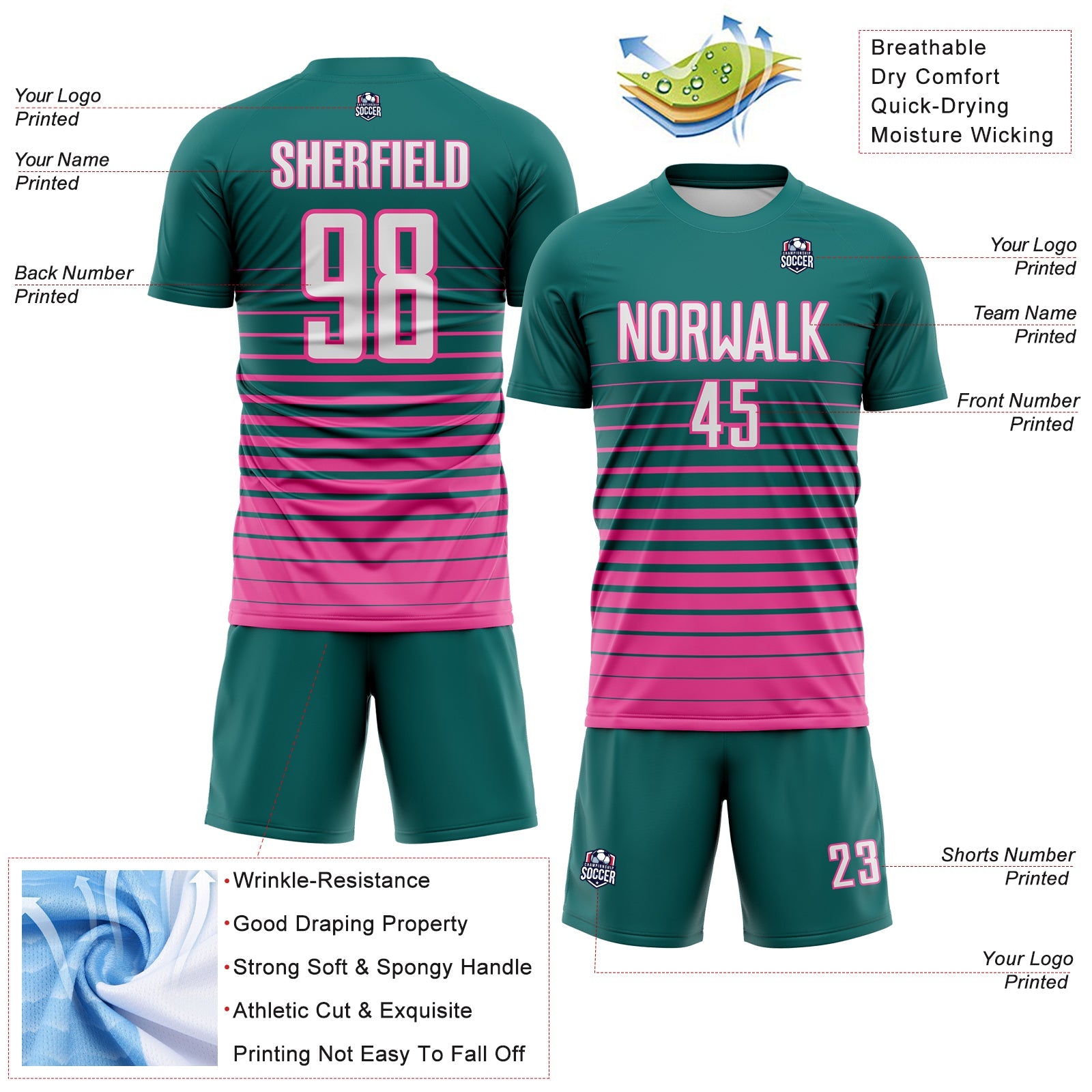 Custom Teal White-Pink Gradient Pinstripe Sublimation Soccer Uniform Jersey view 4