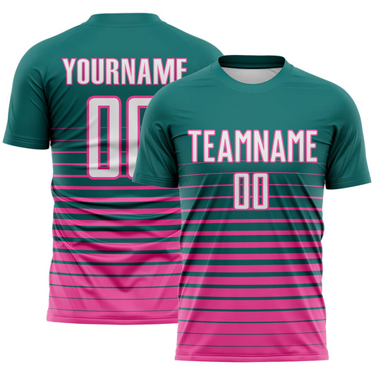 Custom Teal White-Pink Gradient Pinstripe Sublimation Soccer Uniform Jersey - Main View