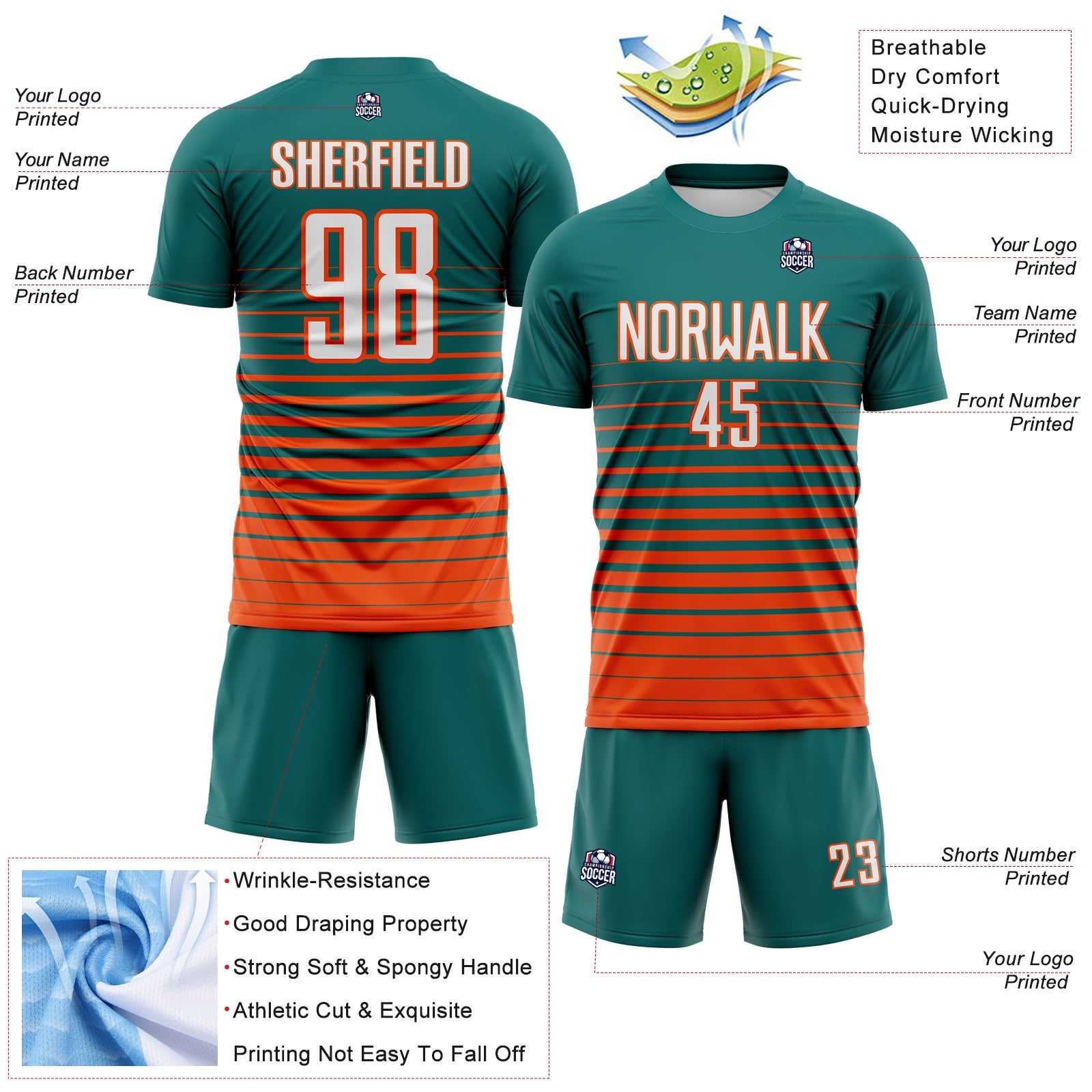 Custom Teal White-Orange Gradient Pinstripe Sublimation Soccer Uniform Jersey view 4