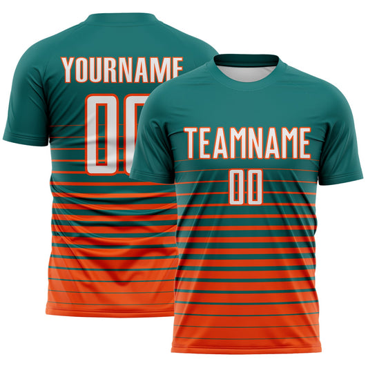 Custom Teal White-Orange Gradient Pinstripe Sublimation Soccer Uniform Jersey - Main View
