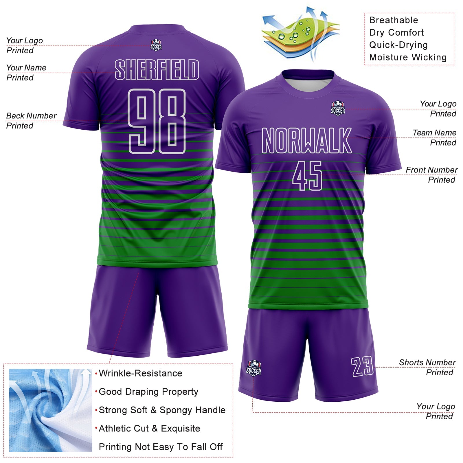 Custom Purple White-Grass Green Gradient Pinstripe Sublimation Soccer Uniform Jersey view 4