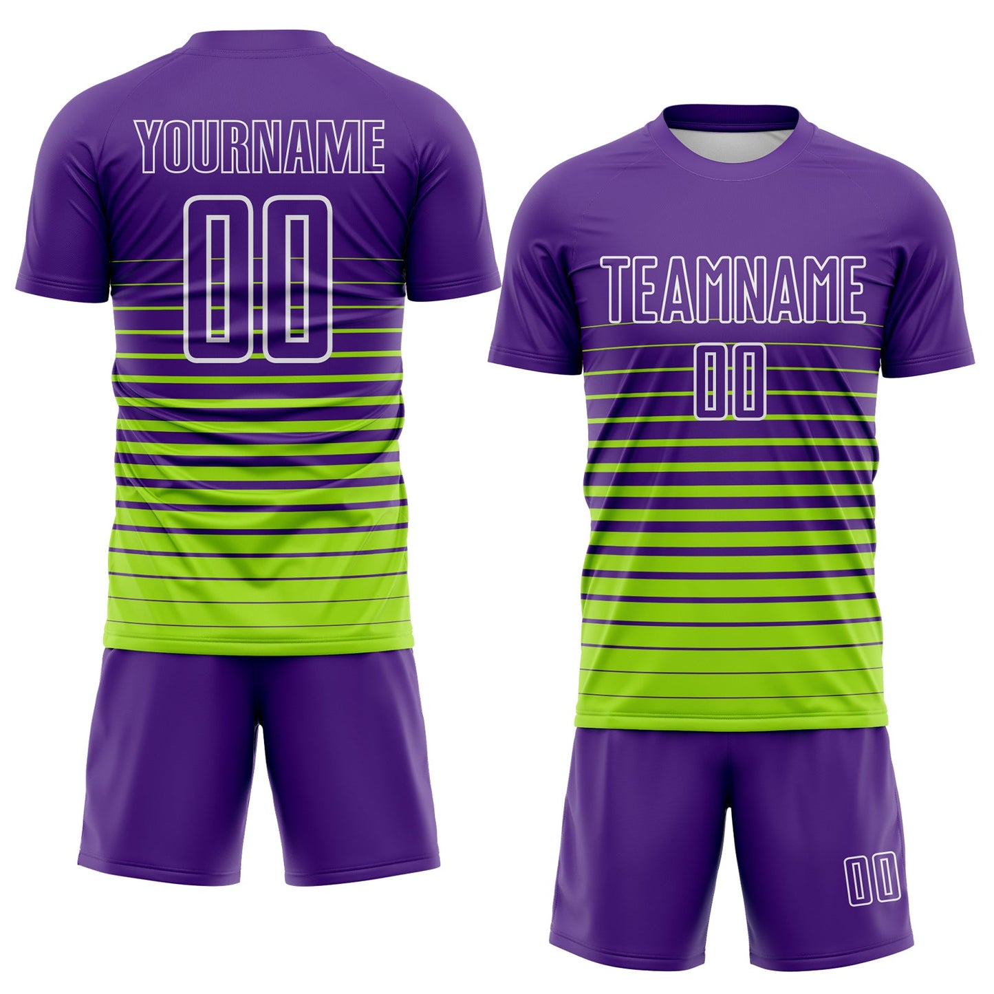 Custom Purple White-Neon Green Gradient Pinstripe Sublimation Soccer Uniform Jersey view 2