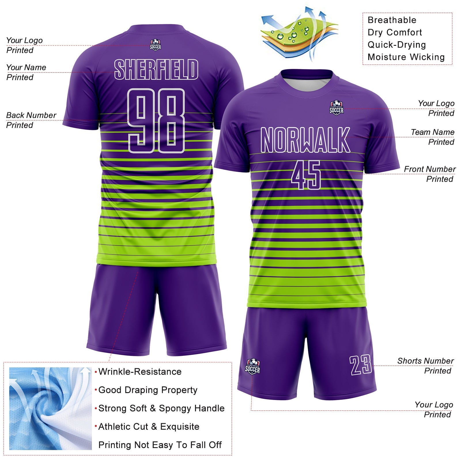 Custom Purple White-Neon Green Gradient Pinstripe Sublimation Soccer Uniform Jersey view 4
