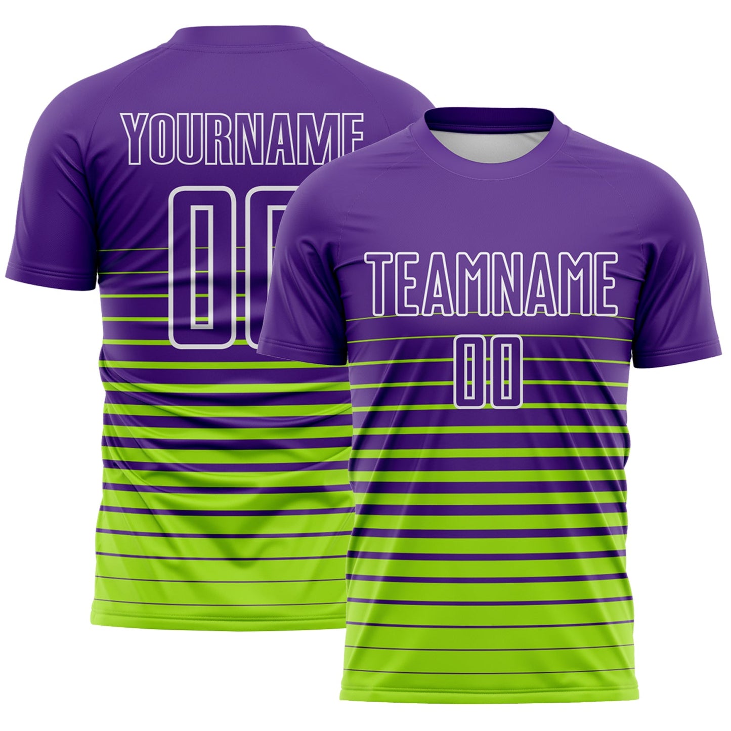 Custom Purple White-Neon Green Gradient Pinstripe Sublimation Soccer Uniform Jersey - Main View