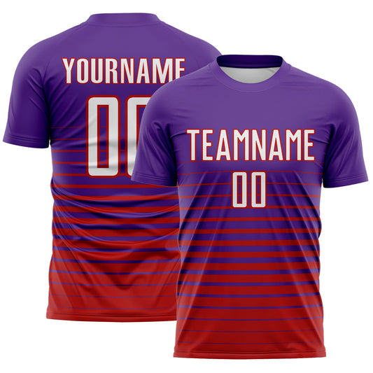 Custom Purple White-Red Gradient Pinstripe Sublimation Soccer Uniform Jersey - Main View