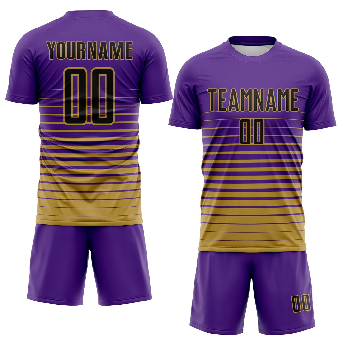 Custom Purple Black-Old Gold Gradient Pinstripe Sublimation Soccer Uniform Jersey view 2