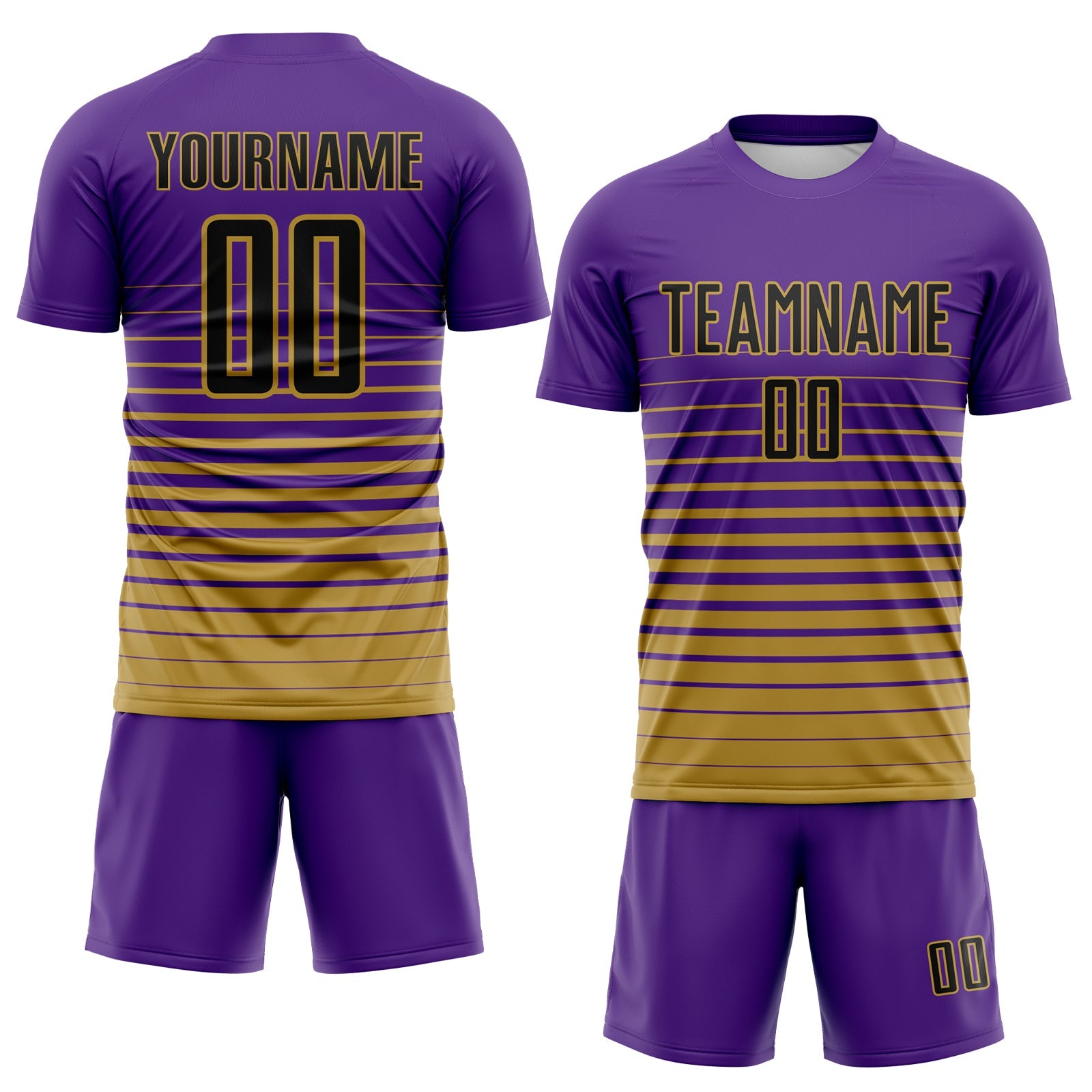 Custom Purple Black-Old Gold Gradient Pinstripe Sublimation Soccer Uniform Jersey view 2