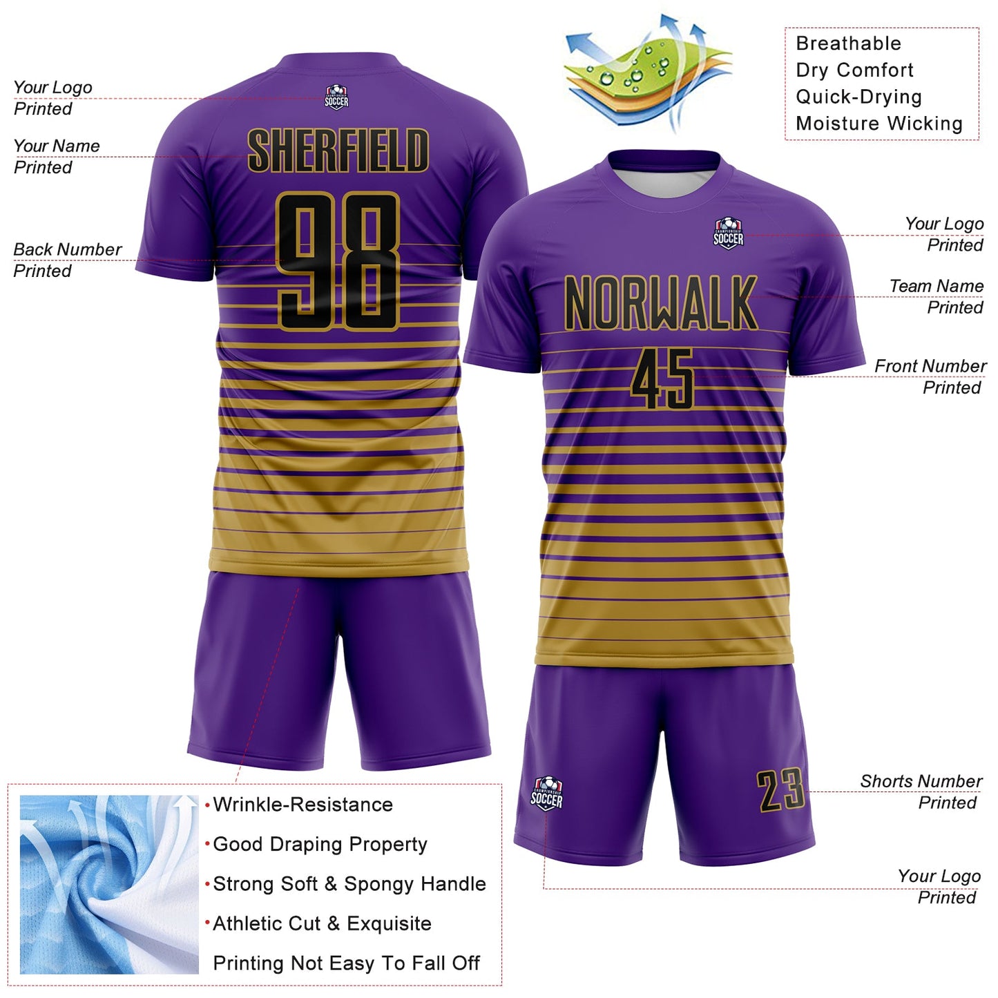 Custom Purple Black-Old Gold Gradient Pinstripe Sublimation Soccer Uniform Jersey view 4