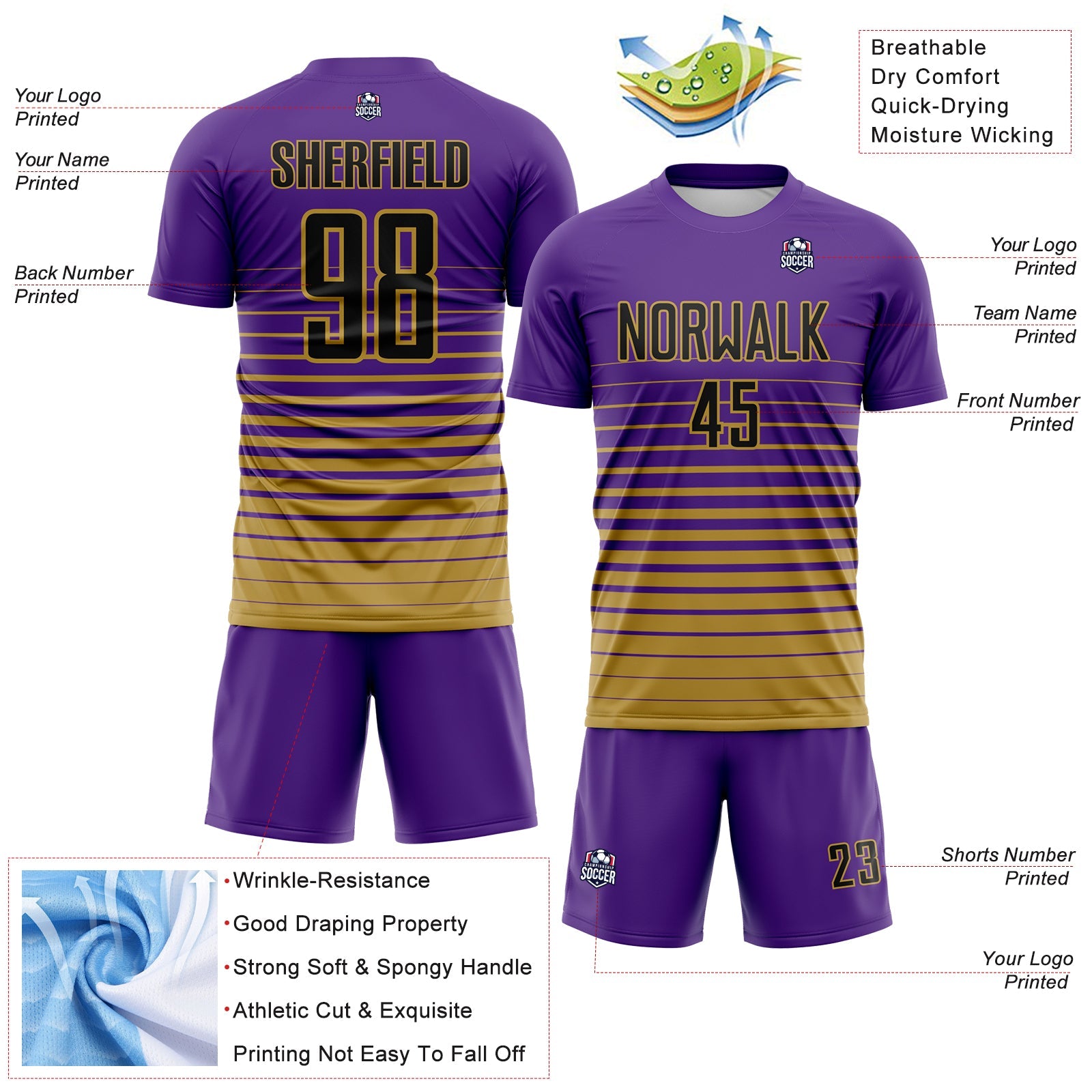 Custom Purple Black-Old Gold Gradient Pinstripe Sublimation Soccer Uniform Jersey view 4