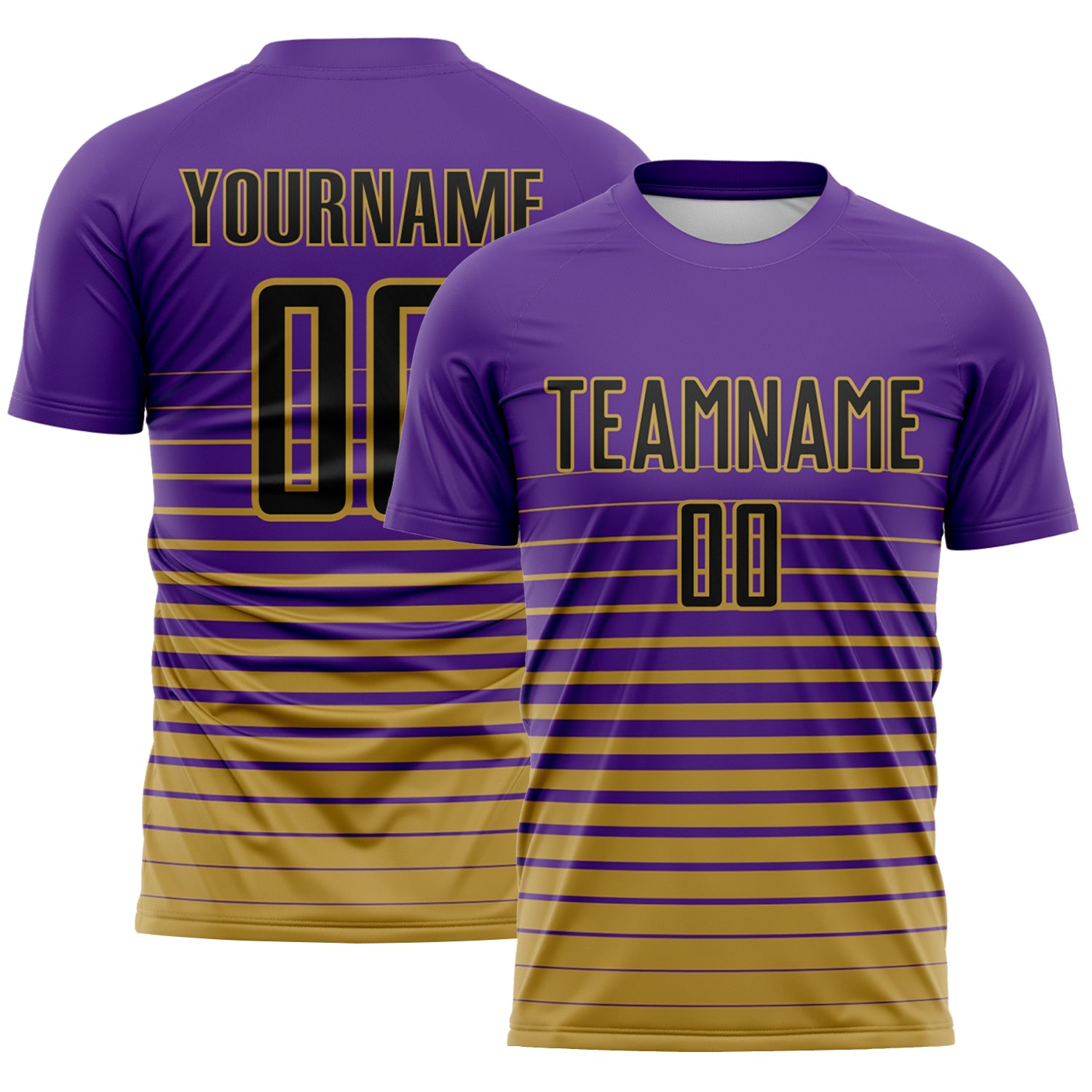 Custom Purple Black-Old Gold Gradient Pinstripe Sublimation Soccer Uniform Jersey - Main View
