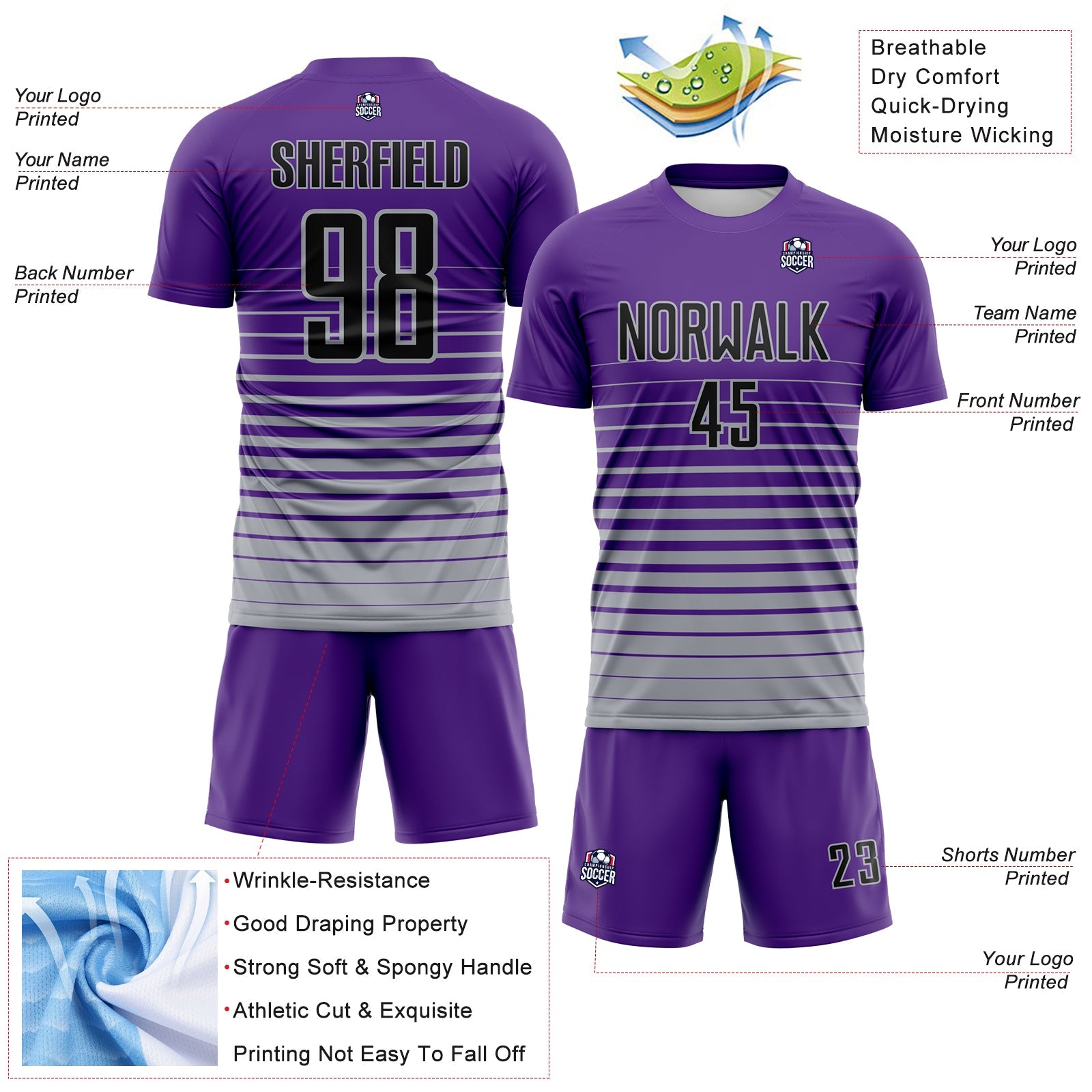 Custom Purple Black-Gray Gradient Pinstripe Sublimation Soccer Uniform Jersey view 4