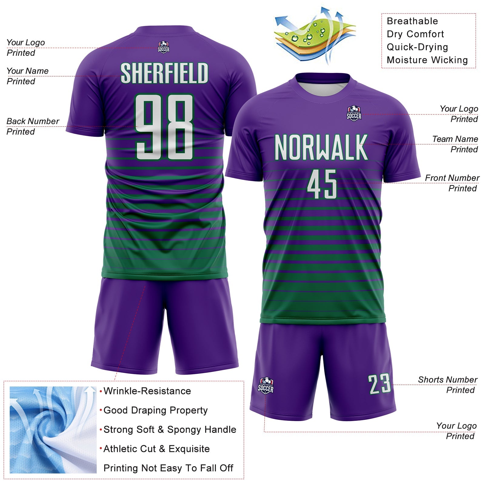 Custom Purple White-Kelly Green Gradient Pinstripe Sublimation Soccer Uniform Jersey view 4