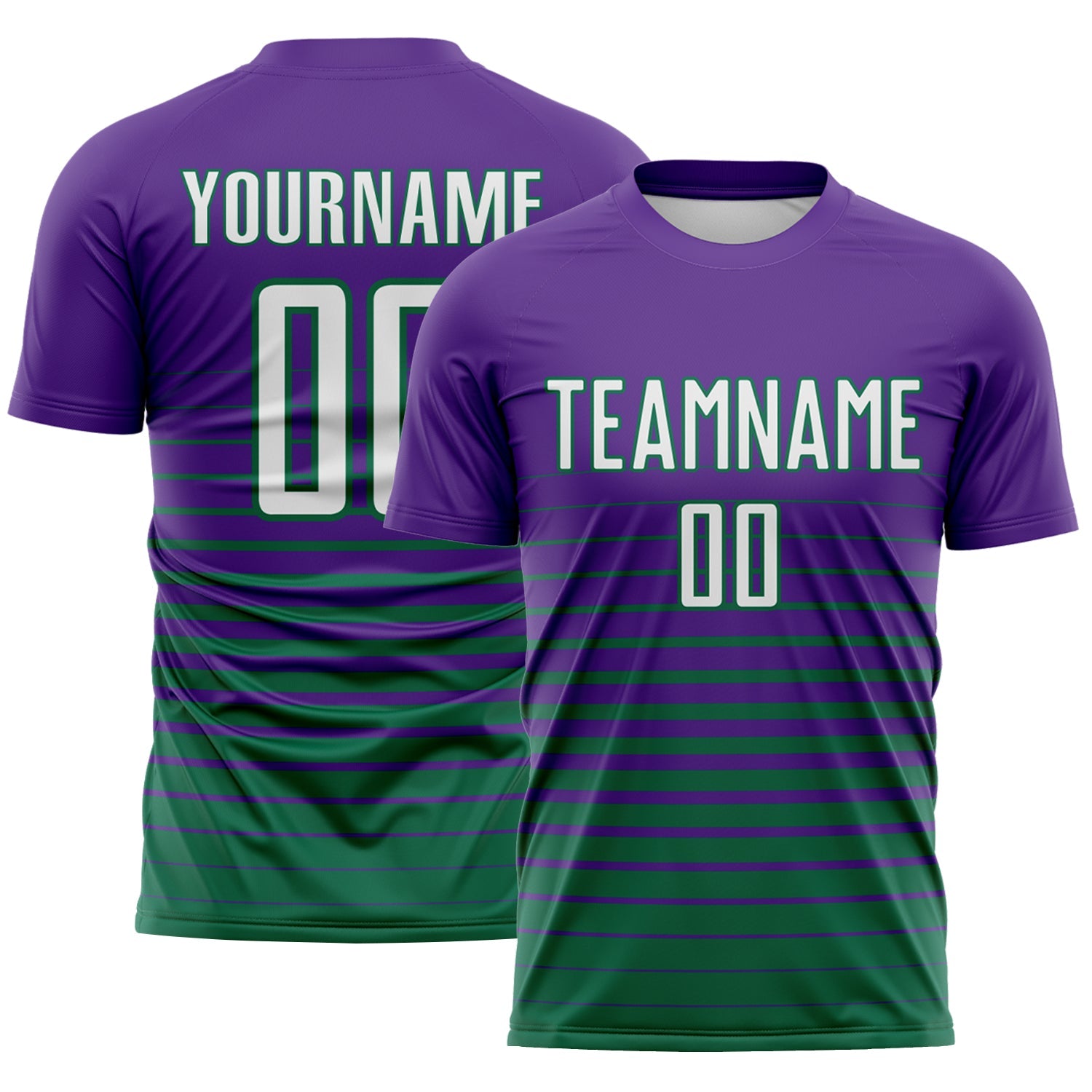 Custom Purple White-Kelly Green Gradient Pinstripe Sublimation Soccer Uniform Jersey - Main View