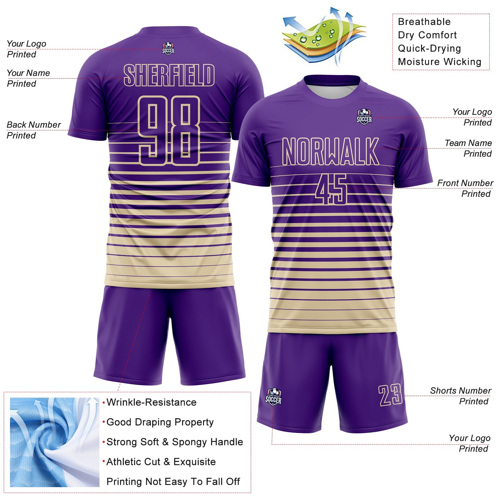 Custom Purple Cream Gradient Pinstripe Sublimation Soccer Uniform Jersey view 4