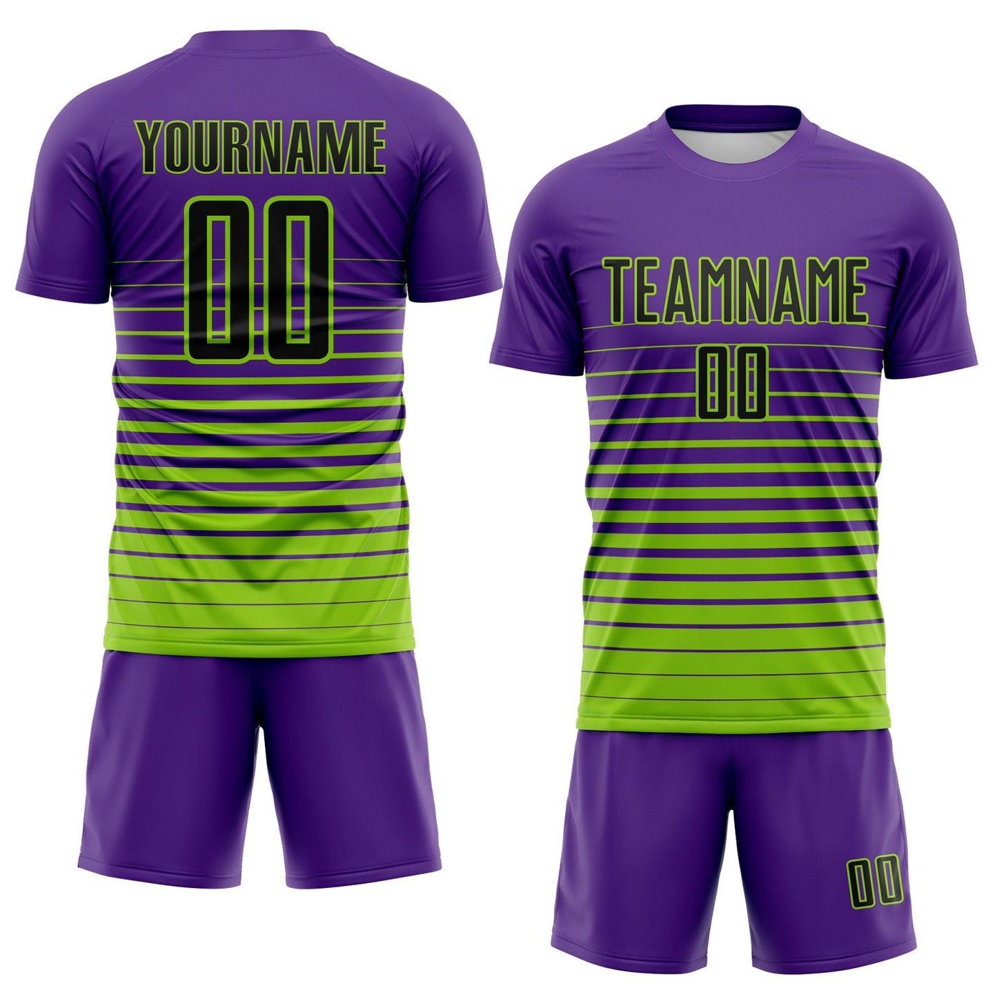 Custom Purple Black-Neon Green Gradient Pinstripe Sublimation Soccer Uniform Jersey view 2