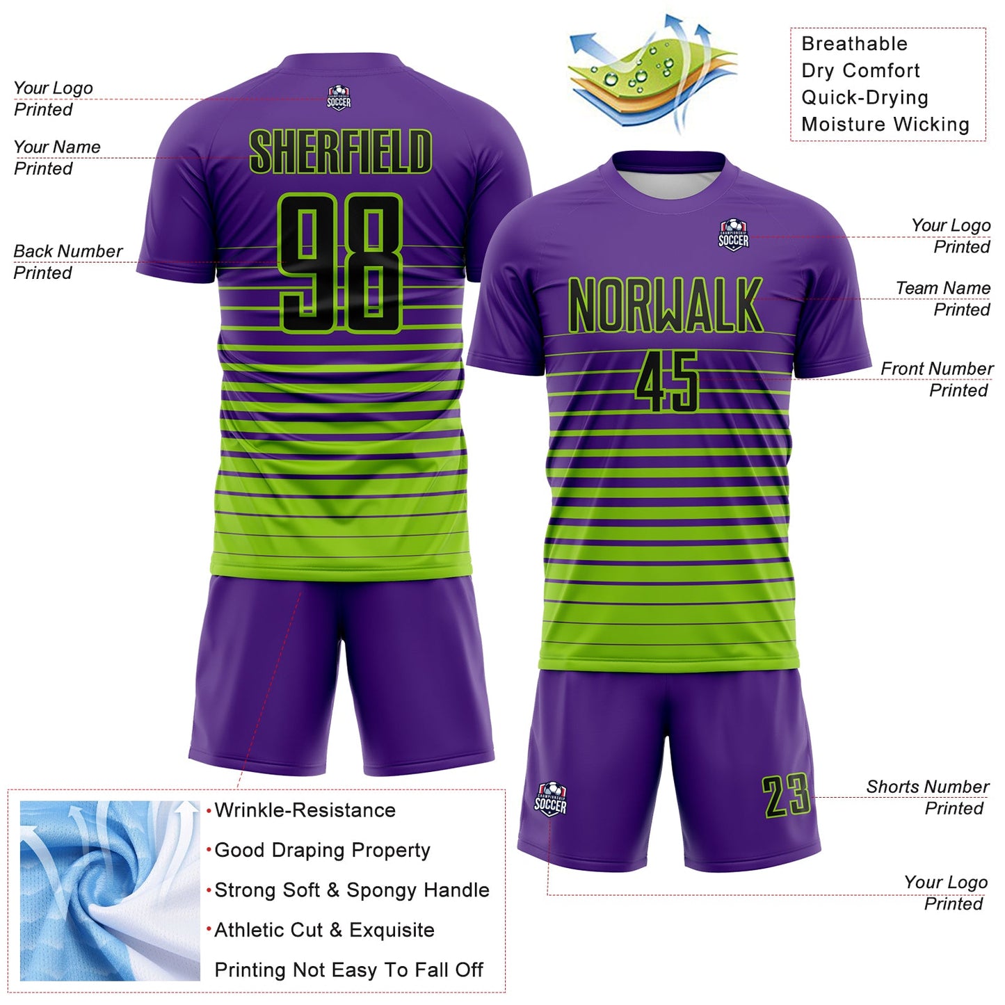 Custom Purple Black-Neon Green Gradient Pinstripe Sublimation Soccer Uniform Jersey view 4