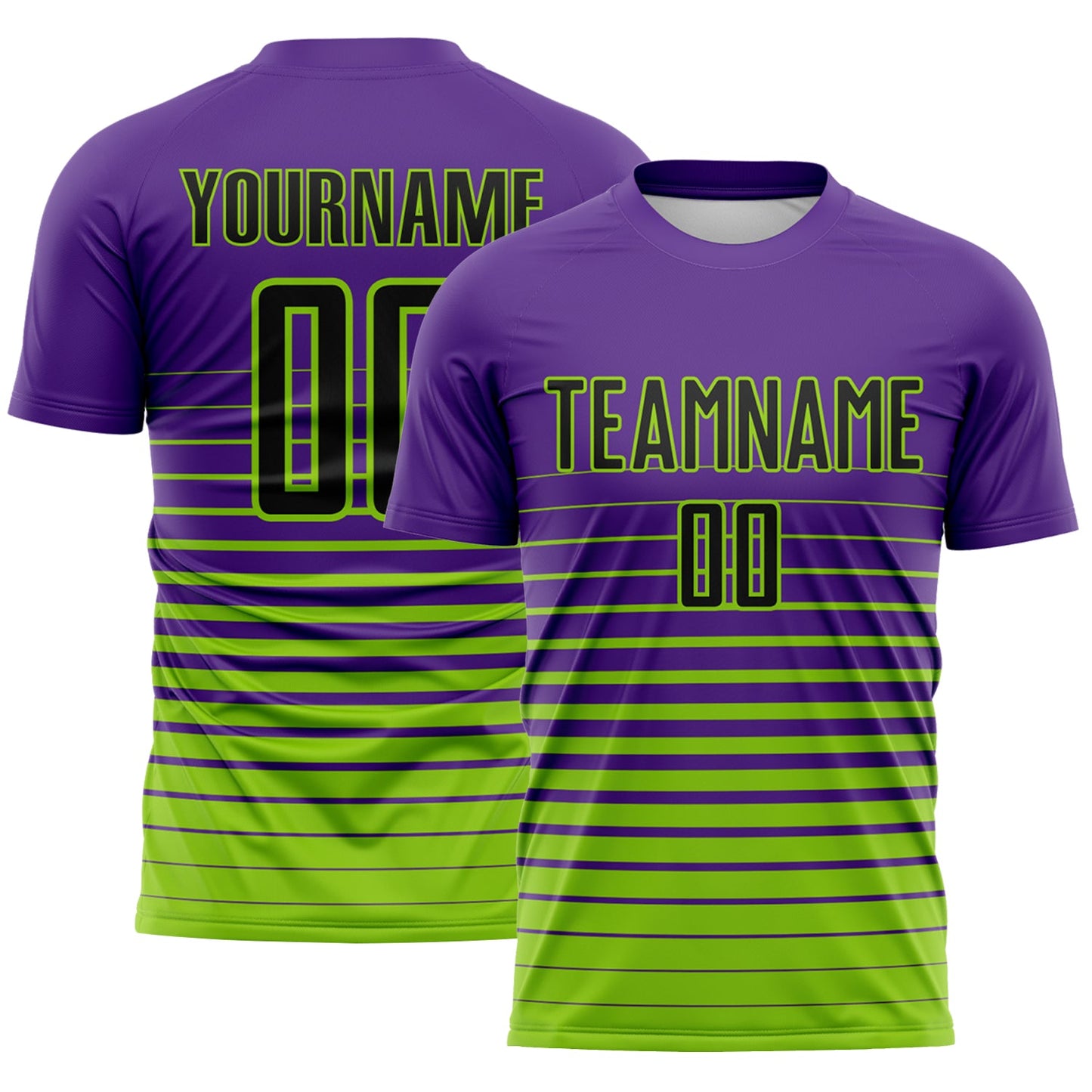 Custom Purple Black-Neon Green Gradient Pinstripe Sublimation Soccer Uniform Jersey - Main View