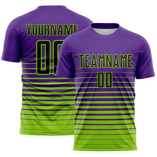 Custom Purple Black-Neon Green Gradient Pinstripe Sublimation Soccer Uniform Jersey - Main View