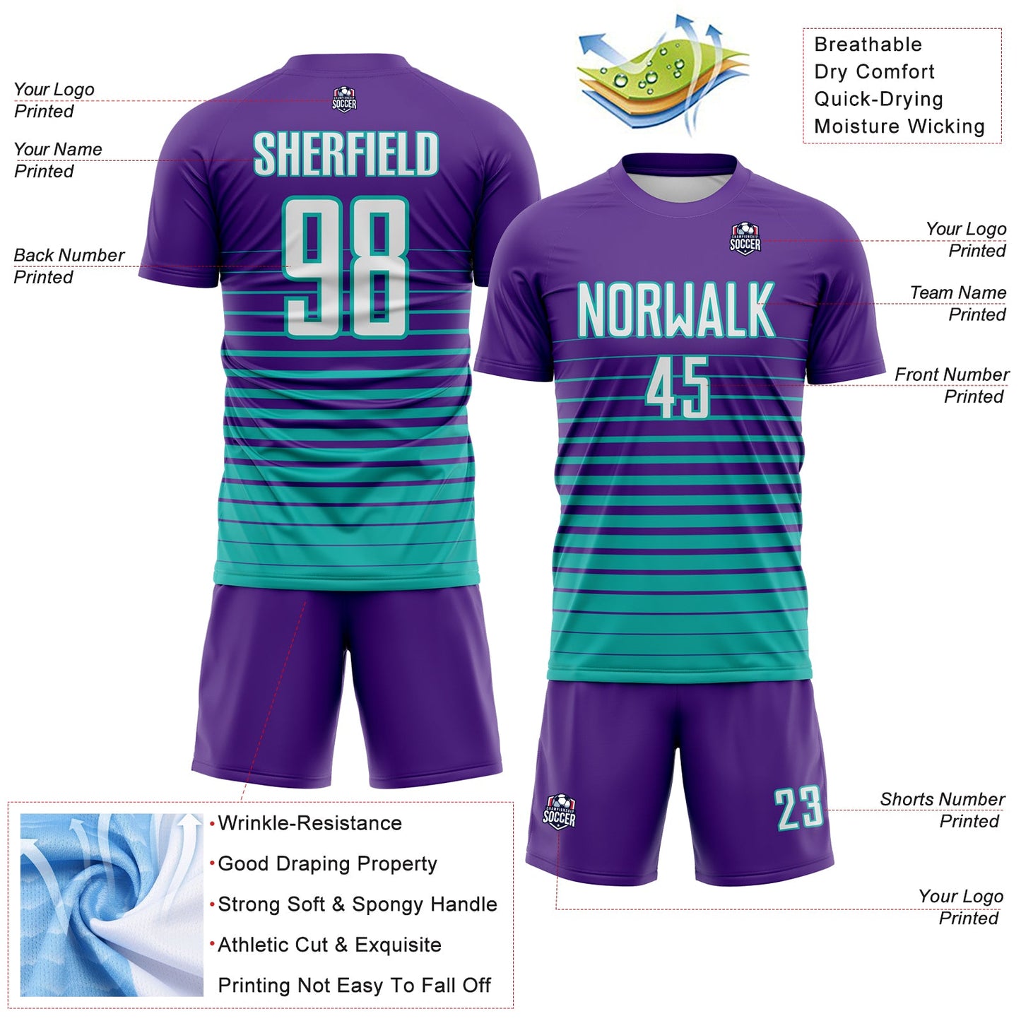 Custom Purple White-Aqua Gradient Pinstripe Sublimation Soccer Uniform Jersey view 4