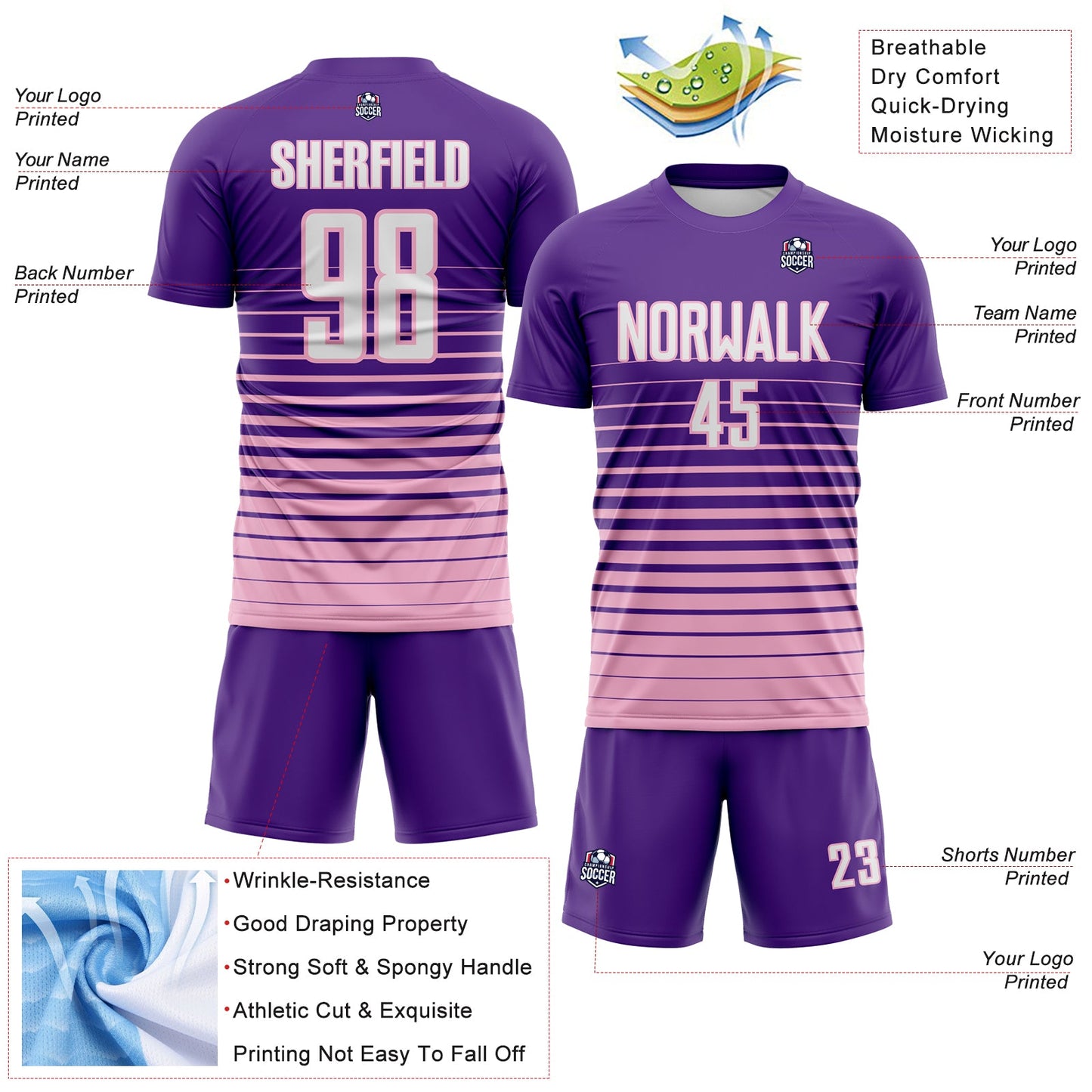 Custom Purple White-Light Pink Gradient Pinstripe Sublimation Soccer Uniform Jersey view 4