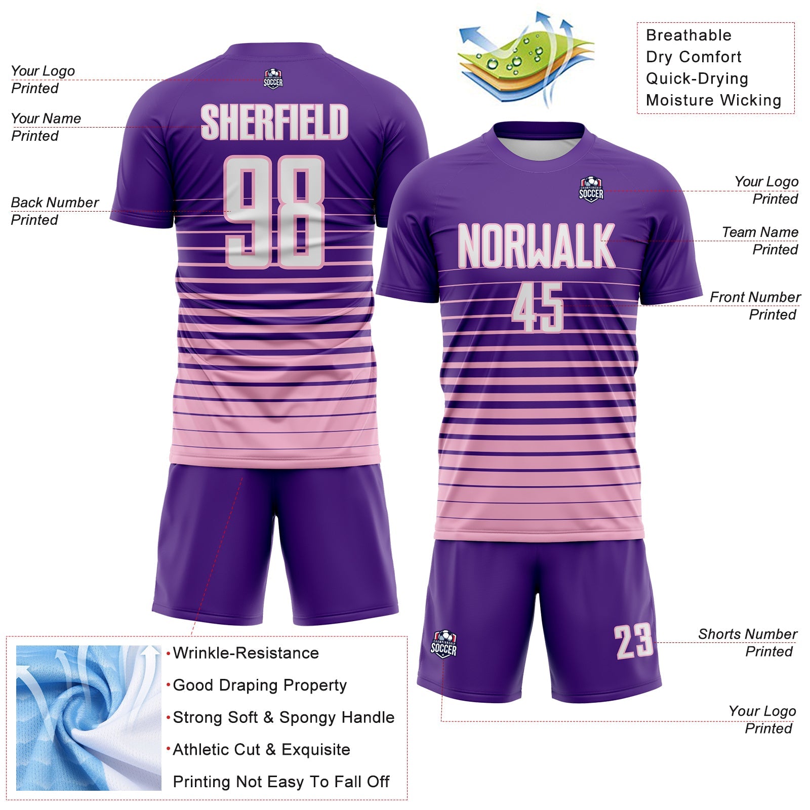 Custom Purple White-Light Pink Gradient Pinstripe Sublimation Soccer Uniform Jersey view 4