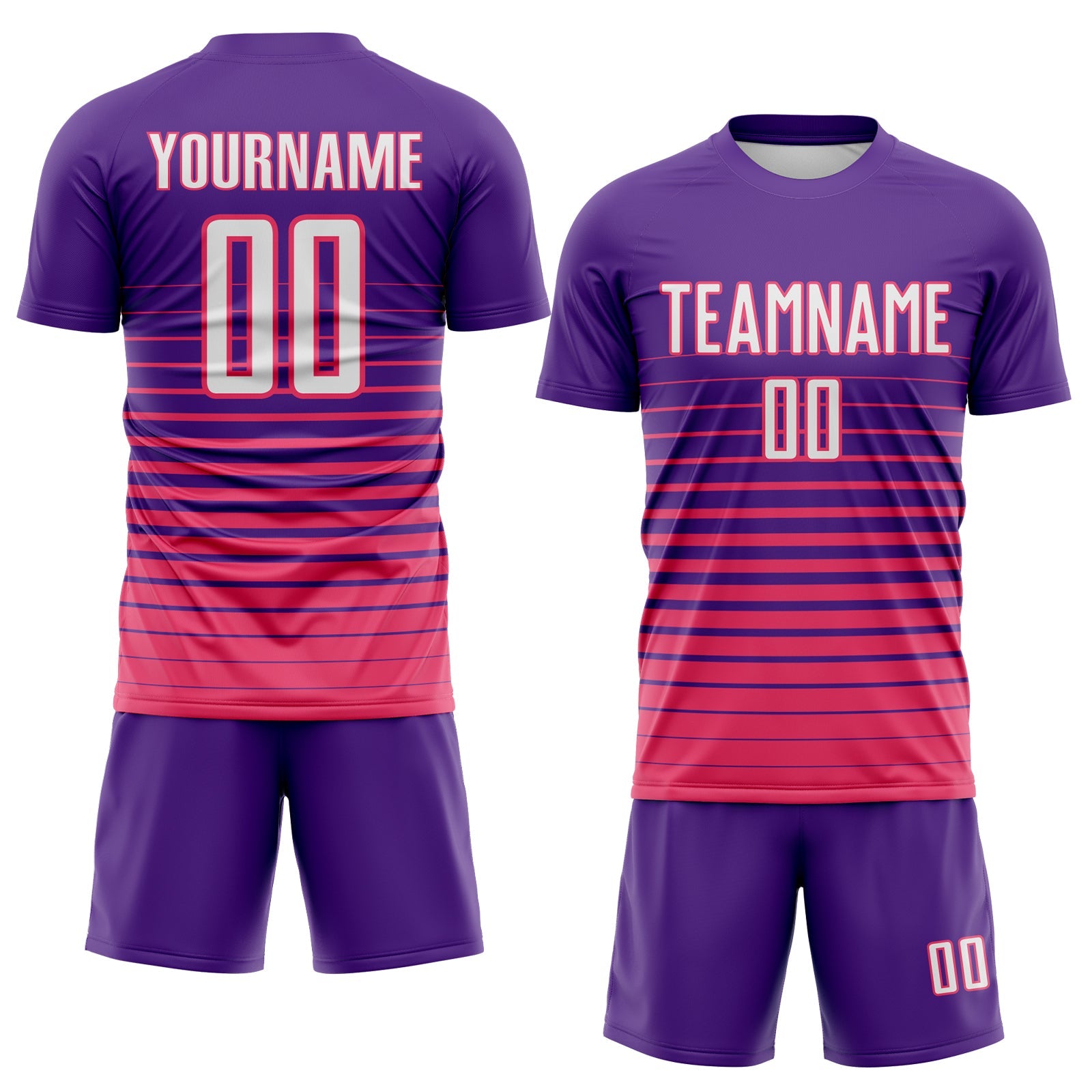 Custom Purple White-Neon Pink Gradient Pinstripe Sublimation Soccer Uniform Jersey view 2
