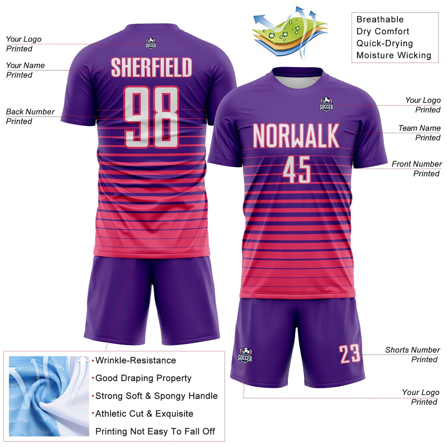 Custom Purple White-Neon Pink Gradient Pinstripe Sublimation Soccer Uniform Jersey view 4