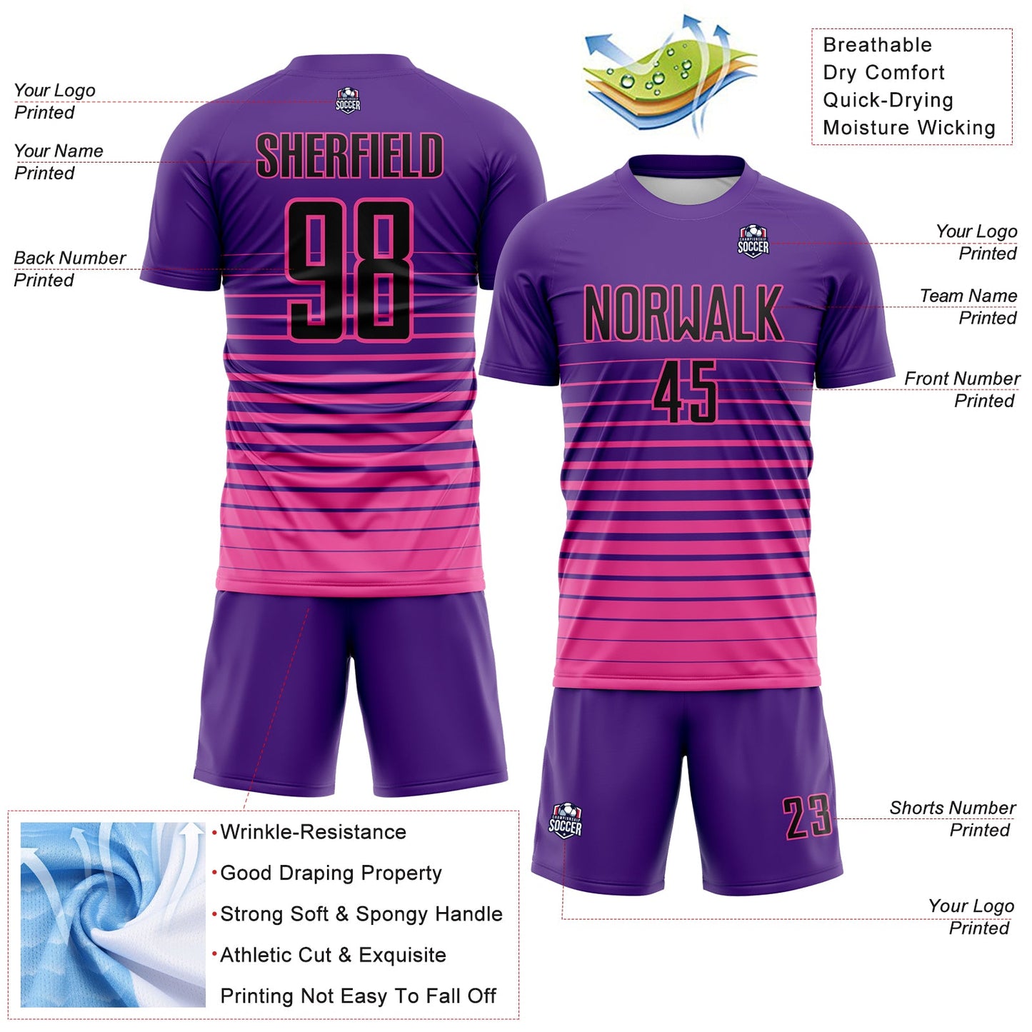 Custom Purple Black-Pink Gradient Pinstripe Sublimation Soccer Uniform Jersey view 4