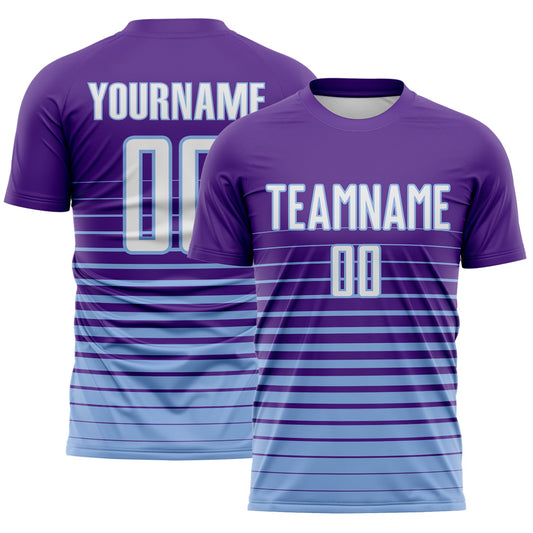 Custom Purple White-Light Blue Gradient Pinstripe Sublimation Soccer Uniform Jersey - Main View
