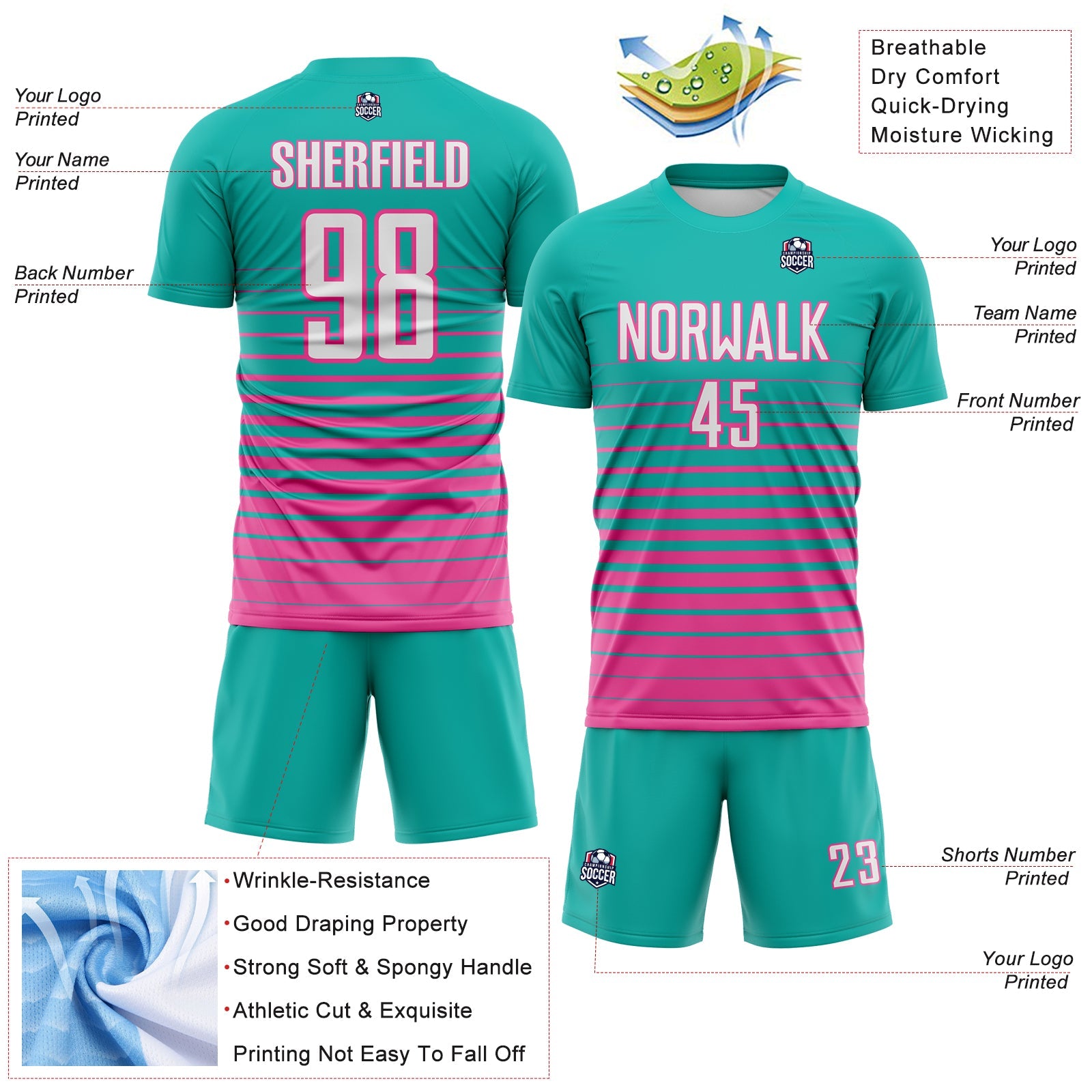 Custom Aqua White-Pink Gradient Pinstripe Sublimation Soccer Uniform Jersey view 4