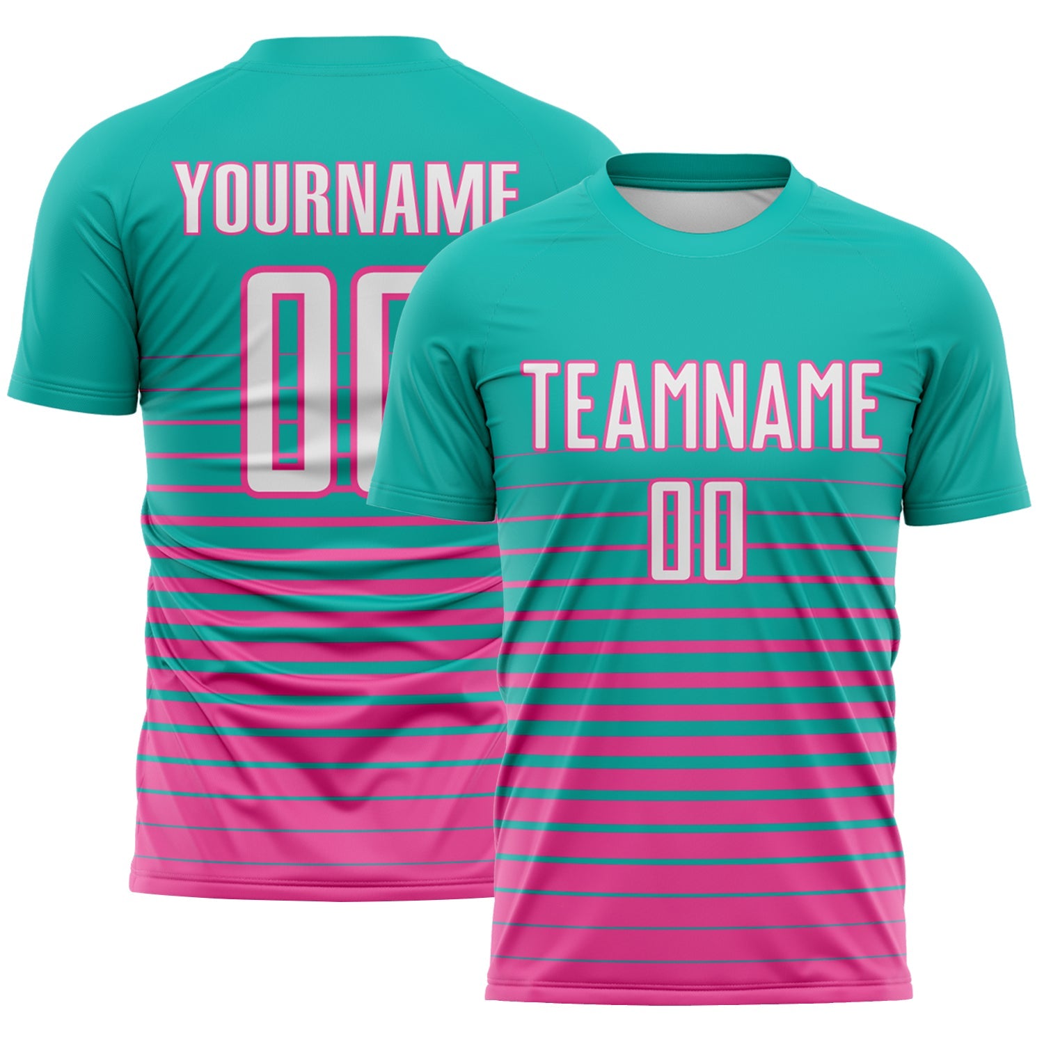 Custom Aqua White-Pink Gradient Pinstripe Sublimation Soccer Uniform Jersey - Main View